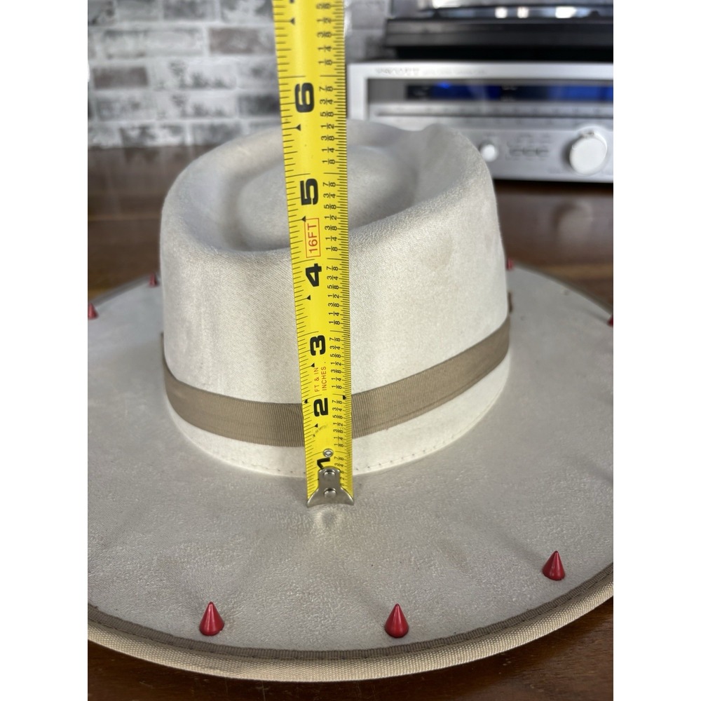 Summit Hats Cream Suede Fedora Wide Brim Spiked Cone Studs Feather Festival Sz L - Picture 11 of 11